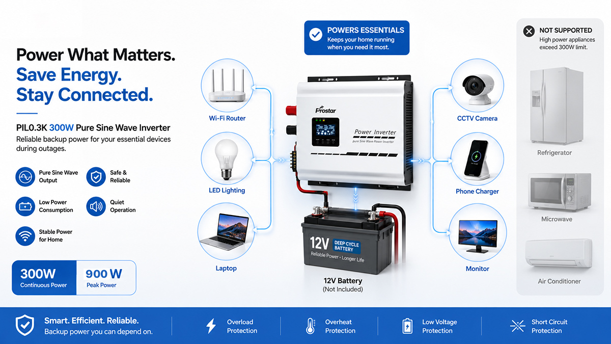 Modern home backup power concept showing Prostar PIL0.3K 300 watt inverter powering essential household electronics