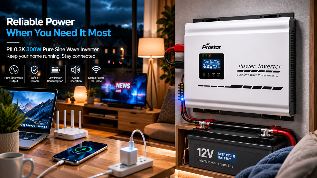 Prostar PIL0.3K 300 watt inverter pure sine wave installed in a modern home during a nighttime power outage