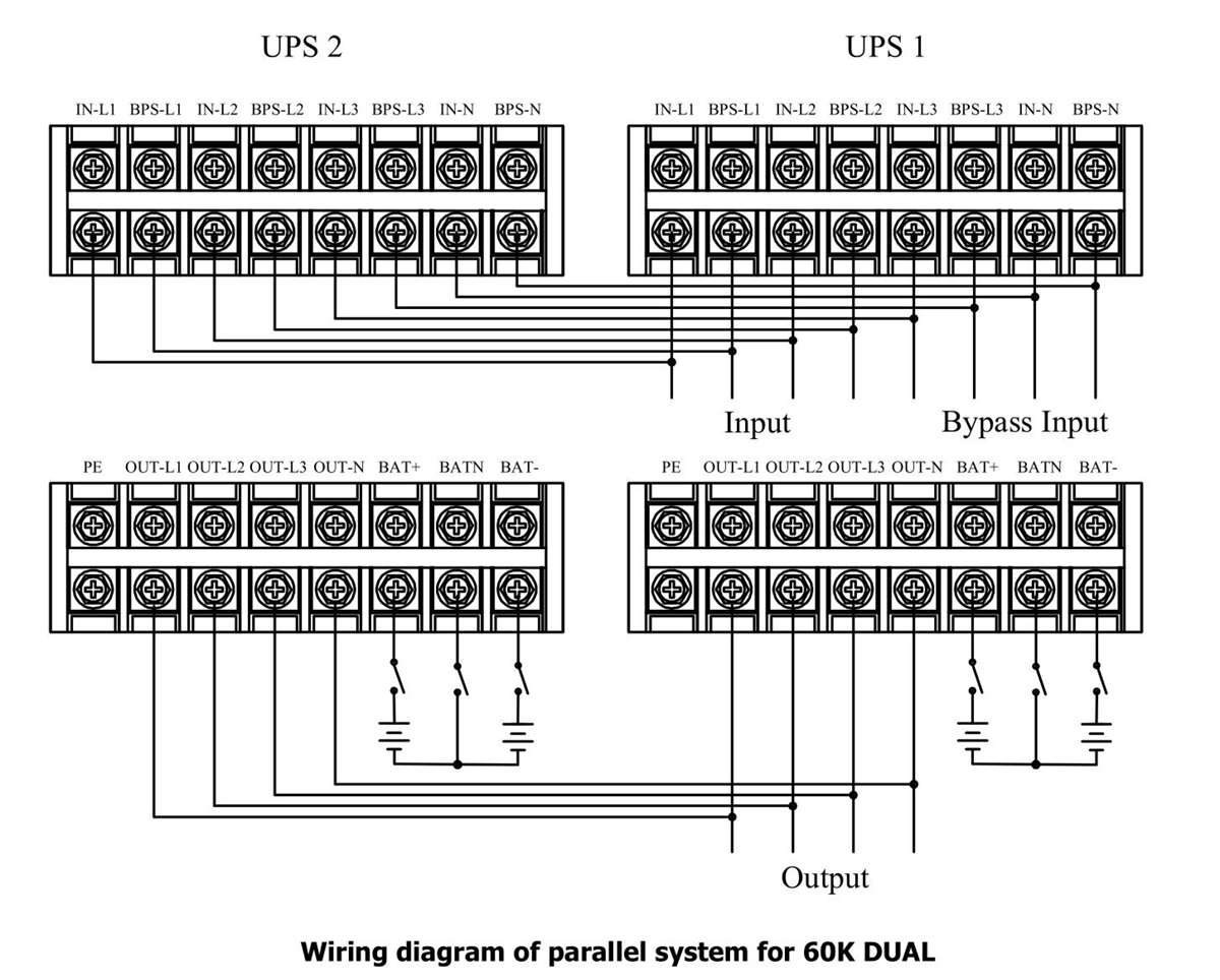 PET3360 high efficiency three phase 60kva online ups power supply parallel diagram