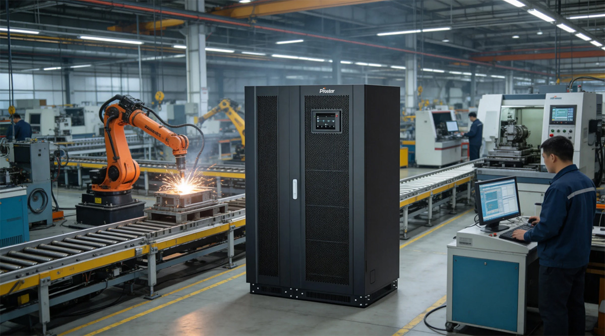 100kVA UPS system protecting factory equipment and industrial automation systems