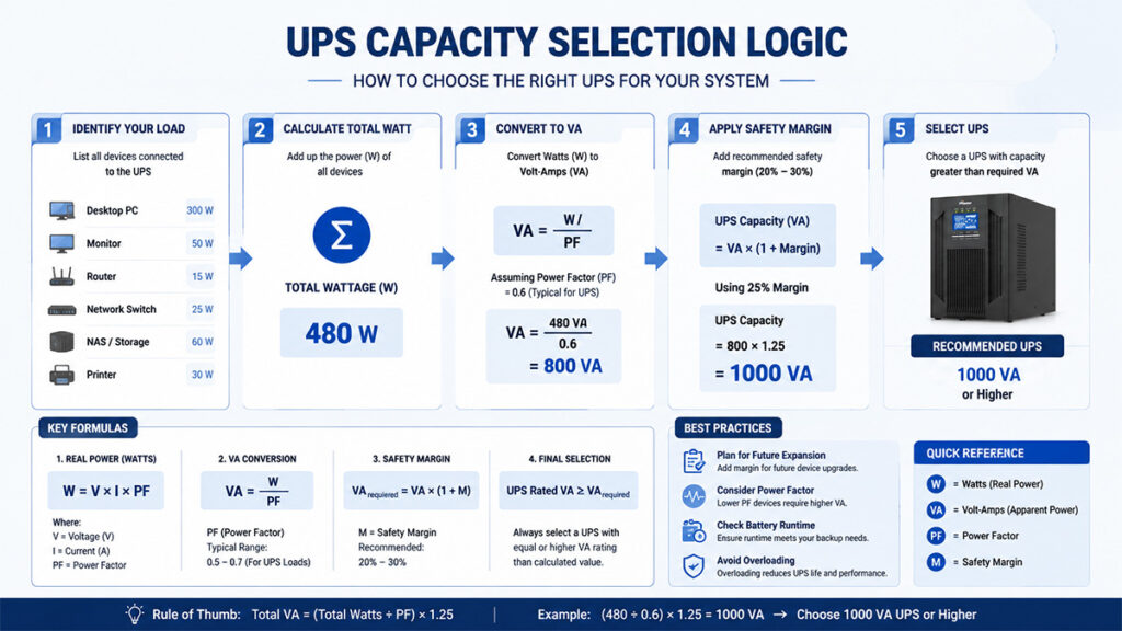 Capacity selection logic for computer uninterruptible power supply UPS