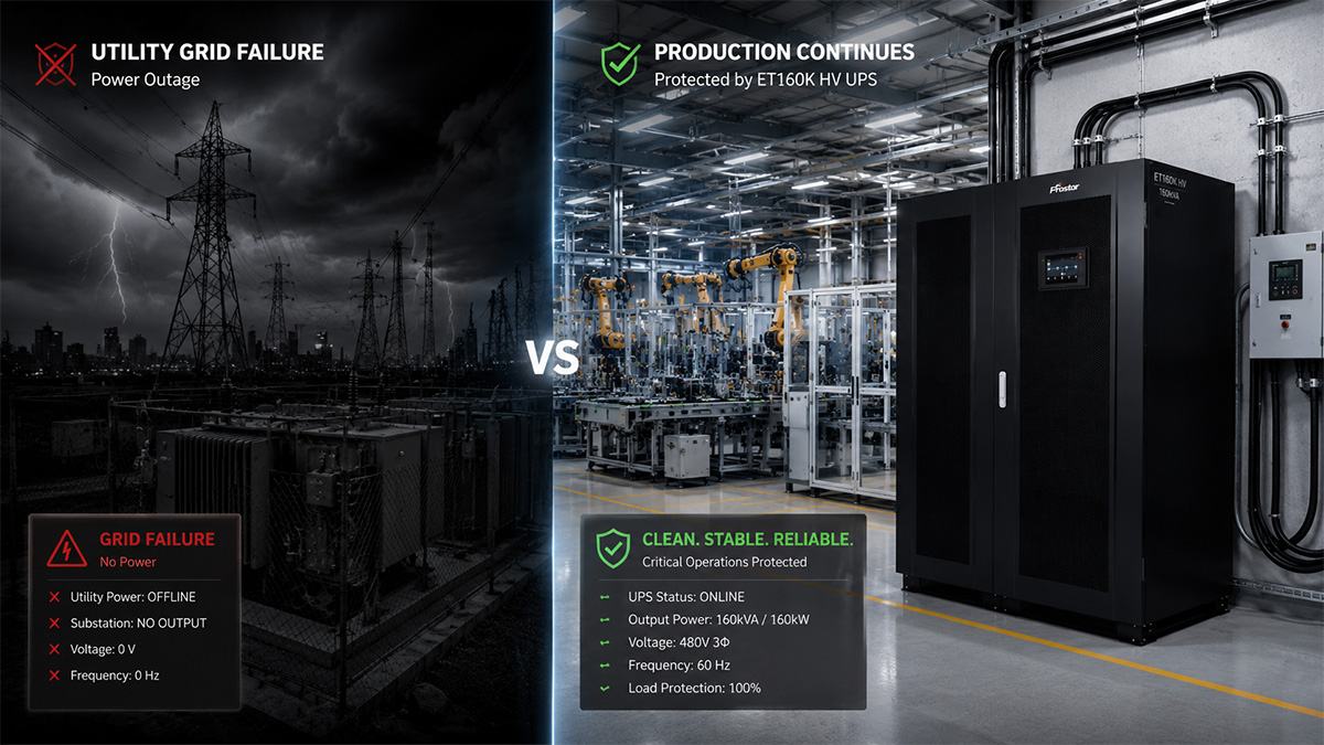 ET160K HV 160kVA UPS maintaining industrial operations during utility power failure