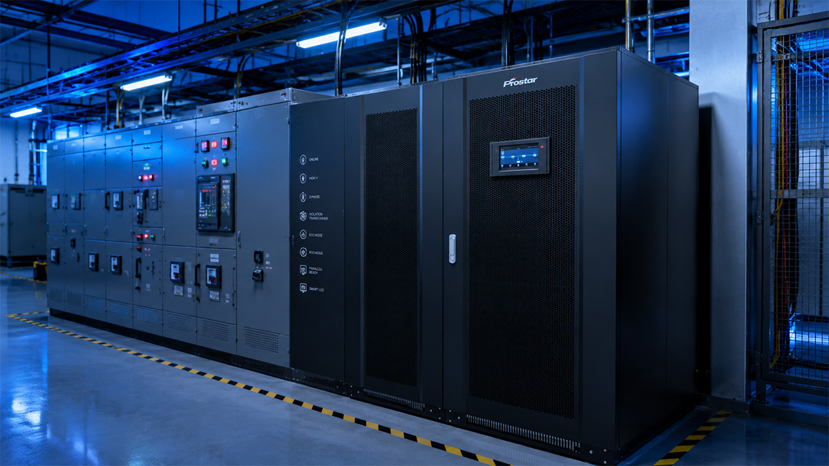 ET200K HV 3 phase 200kVA mission critical UPS installed inside a modern industrial electrical room