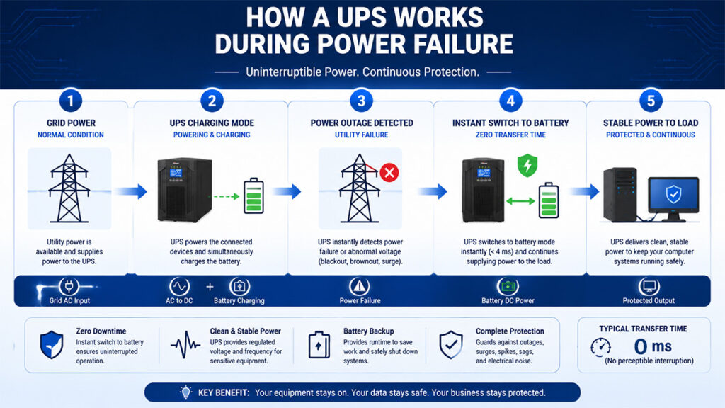 How computer uninterruptible power supply UPS works during power failure