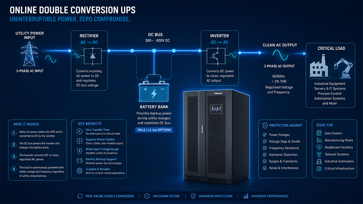 Three phase factory backup power solution online double conversion UPS technology visualization