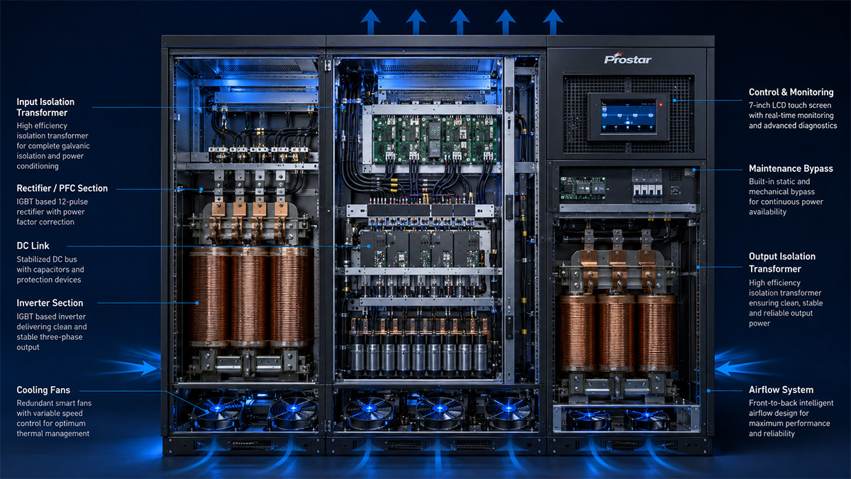 Transparent cutaway reveals ET200K HV 200kVA mission critical ups internal transformers and power architecture