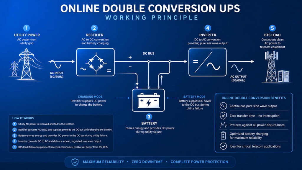 Modern engineering infographic illustrating online double conversion UPS working principle