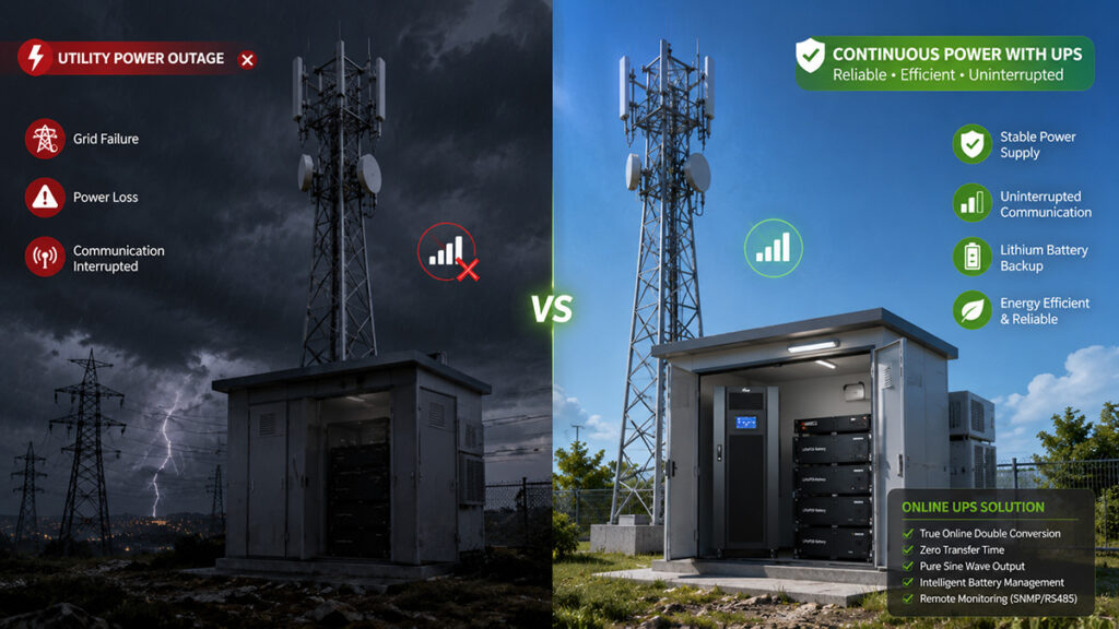 Telecom base station losing utility power while UPS keeps communication equipment running