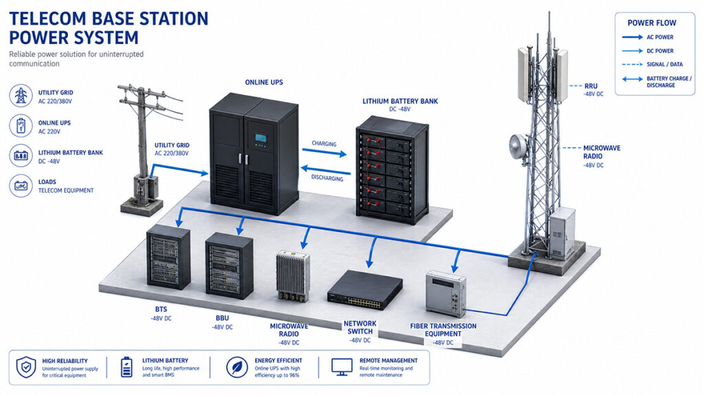 Telecom base station power architecture with UPS battery and utility supply