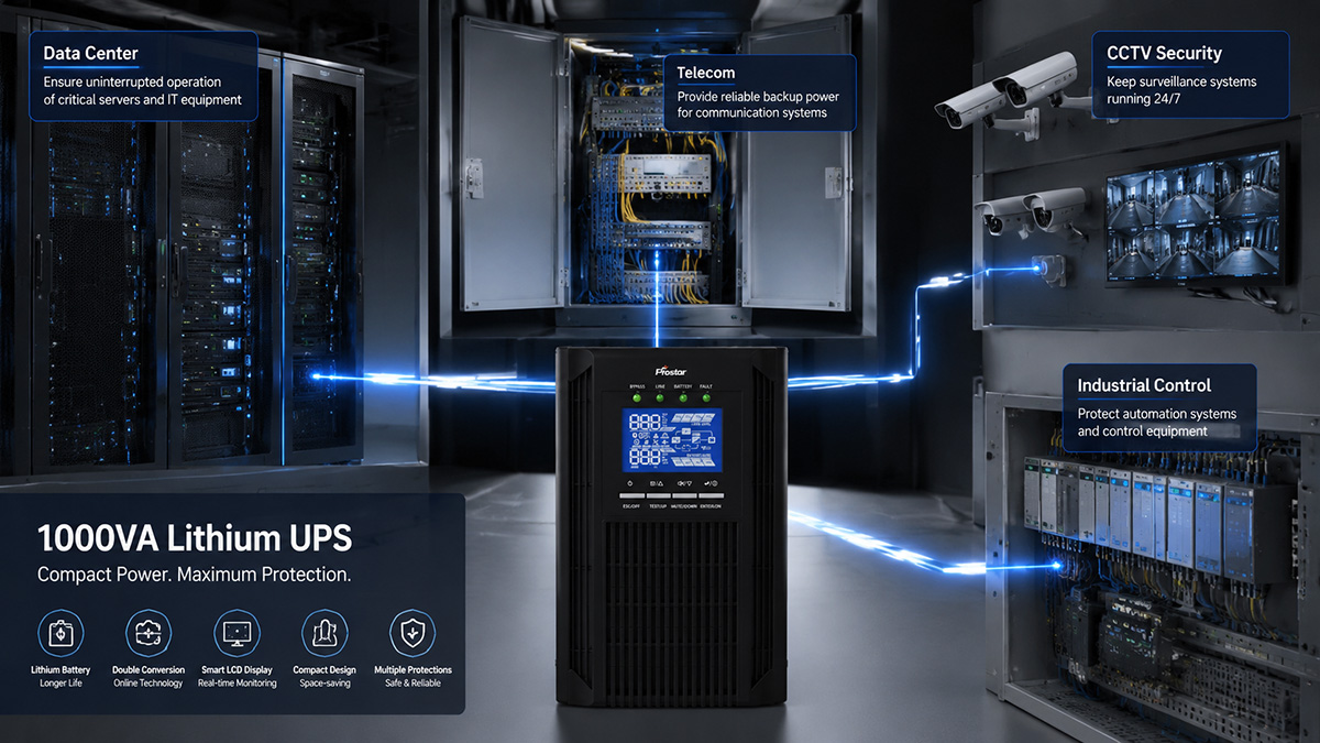 A compact 1000VA lithium UPS installed in multiple professional environments